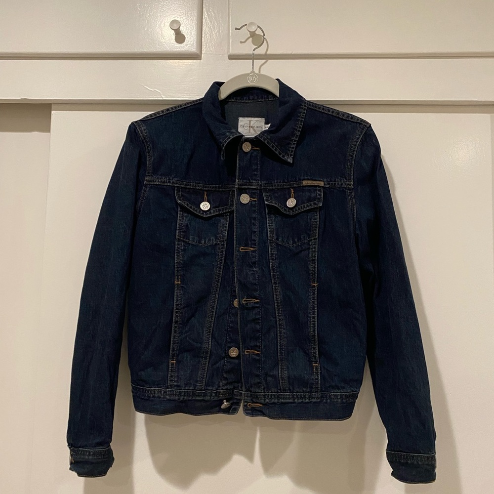 100% Cotton Vintage Calvin Klein Denim Jacket Dark Navy Blue Stitch Size Small